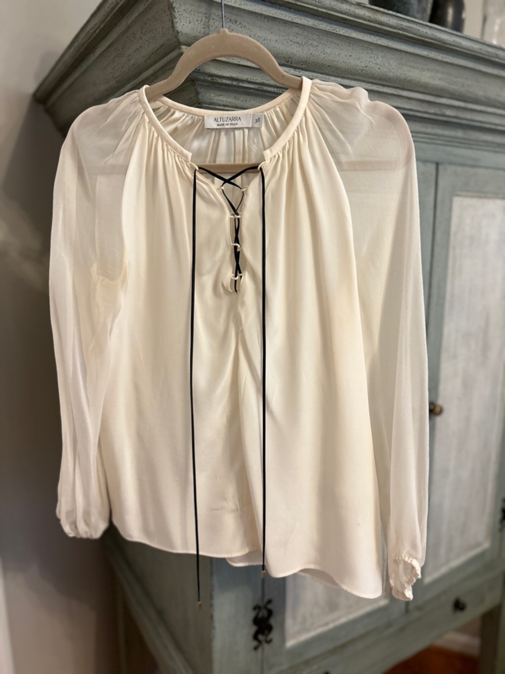 Altuzarra Ivory Lace-Up Long Sleeve Silk Peasant Blouse
